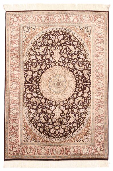  Ghom Silke Teppe 100X146 Ekte Orientalsk Håndvevd Mørk Brun/Lyserosa (Silke, Persia/Iran)