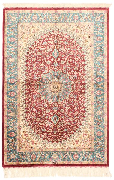  Ghom Silke Teppe 102X150 Ekte Orientalsk Håndknyttet Mørk Rød/Beige (Silke, Persia/Iran)