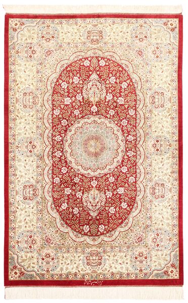  Ghom Silke Teppe 96X144 Ekte Orientalsk Håndvevd Mørk Beige/Mørk Rød (Silke, Persia/Iran)