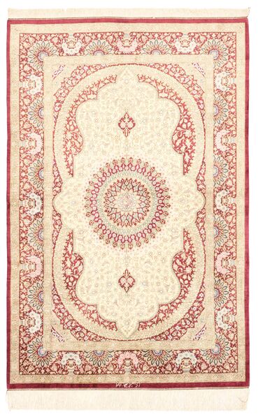  Ghom Silke Teppe 98X150 Ekte Orientalsk Håndknyttet Beige/Mørk Beige (Silke, Persia/Iran)