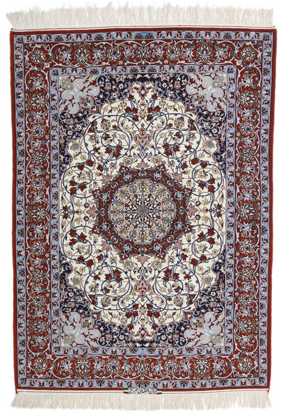  Isfahan Silkerenning Signert Intashari Teppe 113X158 Ekte Orientalsk Håndknyttet Grå, Beige ( Persia/Iran)