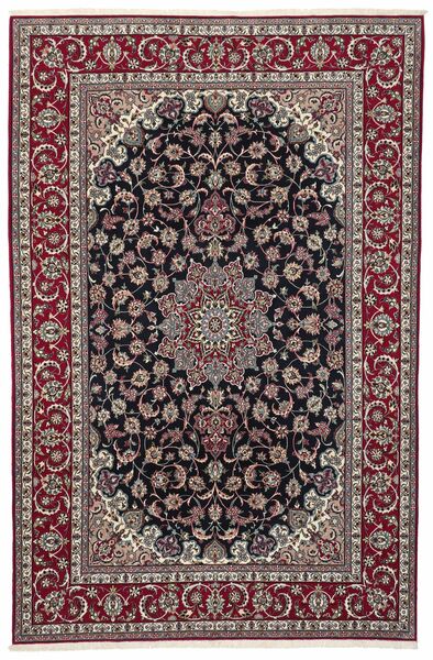  Isfahan Silkerenning Teppe 207X318 Ekte Orientalsk Håndknyttet Svart/Mørk Brun ( Persia/Iran)